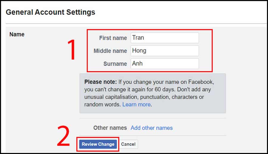 bước 4 đổi tên facebook