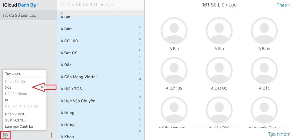 xóa nhiều số điện thoại trong danh bạ điện thoại iPhone trên iCloud