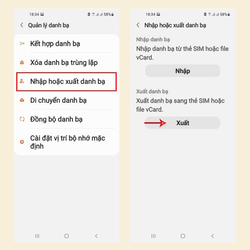 Chọn mục xuất danh bạ trên hệ thống